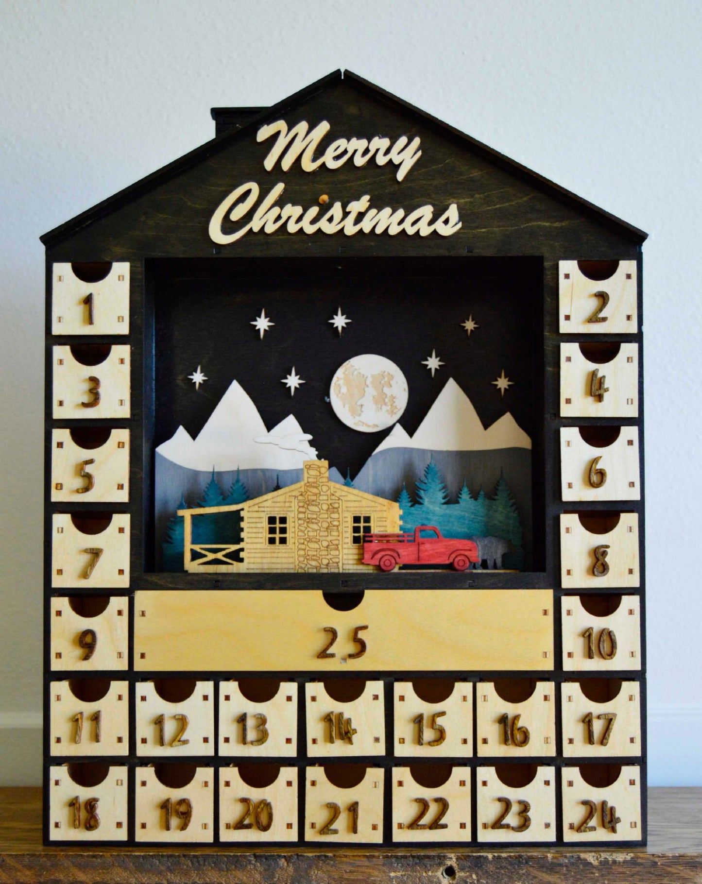 2311 Merry Christmas: cabin, red truck, bear 1 house